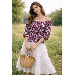 Diane von Furstenberg Smocked Floral Silk Chiffon Blouse Cottagecore Milkmaid 6